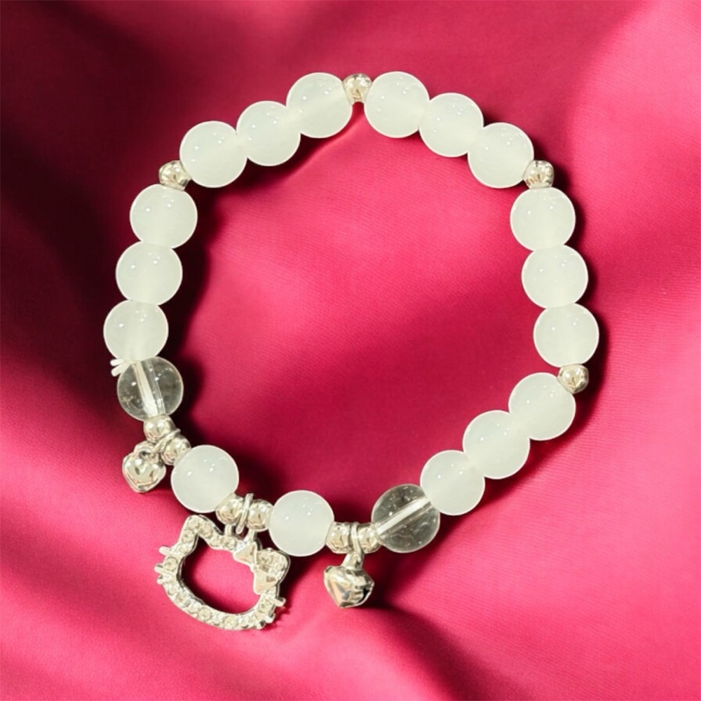 Hello Kitty Silver Tone Beaded Bracelet | White Cloudy Beads Kawaii